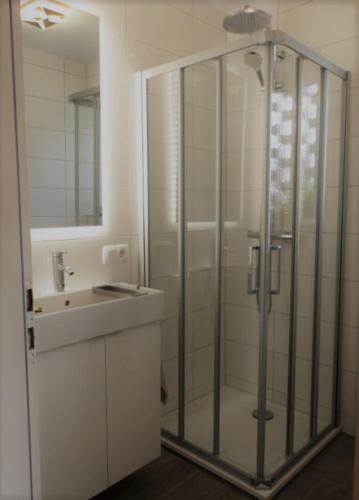 a bathroom with a glass shower and a sink at Studio Apartment Elten in Emmerich