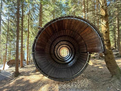 a circular building in the middle of a forest at Luxury Mountain Apartment in Janske Lazne