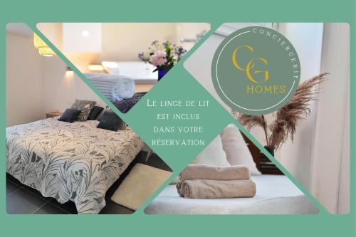 a collage of images of a bedroom with a bed at Villa Albatros, Vue golf imprenable, WIFI, Confort in Nesmy