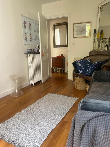 un salon avec un canapé et un tapis dans l'établissement Charming apartment Eiffel Tour/Invalides, à Paris