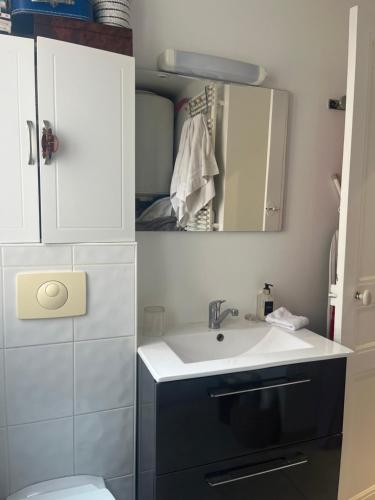 une salle de bain avec un lavabo et un miroir dans l'établissement Charming apartment Eiffel Tour/Invalides, à Paris