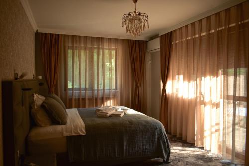 a bedroom with a bed and a window with a chandelier at Villa Vakanica in Petrich
