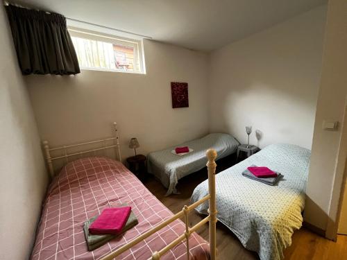 a bedroom with two beds and a window at appartement op de begane grond met terrasje in Groesbeek