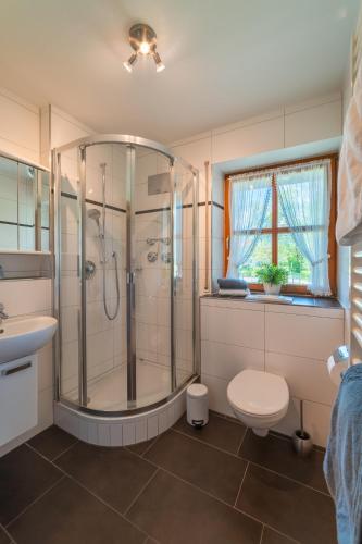 a bathroom with a shower and a toilet and a sink at Ferienwohnung Unternberg inkl. Chiemgaukarte in Ruhpolding