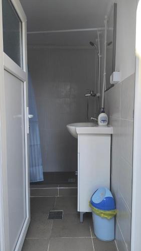 a small bathroom with a sink and a mirror at Stuffstock Hostel in Sulina