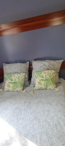 un lit avec deux oreillers dessus dans l'établissement charmant mobil home de patricia et bruno, à Sainte-Croix-de-Verdon