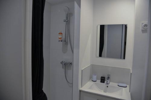 une salle de bain blanche avec une douche et un lavabo dans l'établissement Le Spot Central - Calme - Cosy, à Mâcon