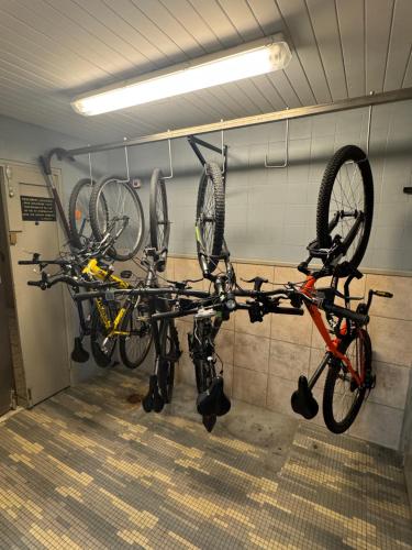 un groupe de vélos accrochés à un support dans une pièce dans l'établissement Studette 38 au coeur de Valence, à Valence