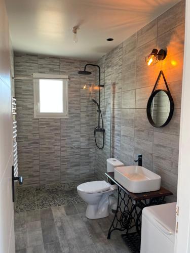 une salle de bain avec toilettes, lavabo et miroir dans l'établissement L'échappée médocaine, Bellevue ou Petite escapade, à Cussac-Fort-Medoc