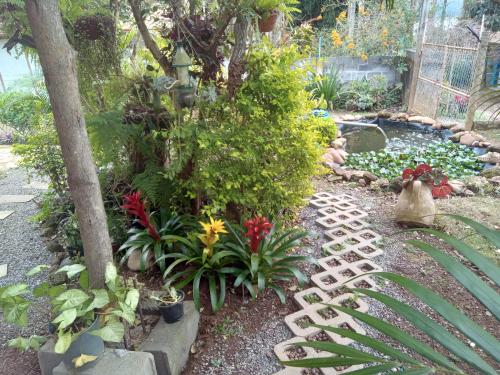 a garden with a pond with flowers and plants at Chácara com acesso à represa in Ibiúna