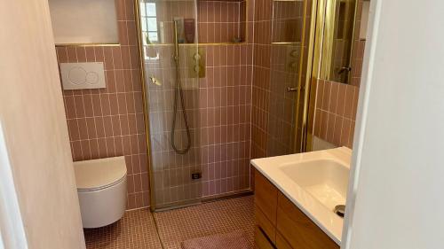 a bathroom with a shower and a toilet and a sink at Studio Dizy in Villers-sur-Mer
