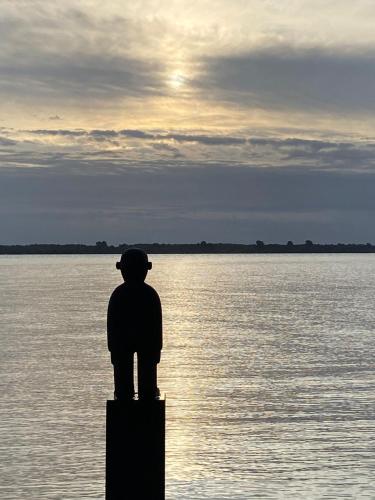 a man standing on a post looking out over the water at Ferienwohnung Rehkitz in Drochtersen