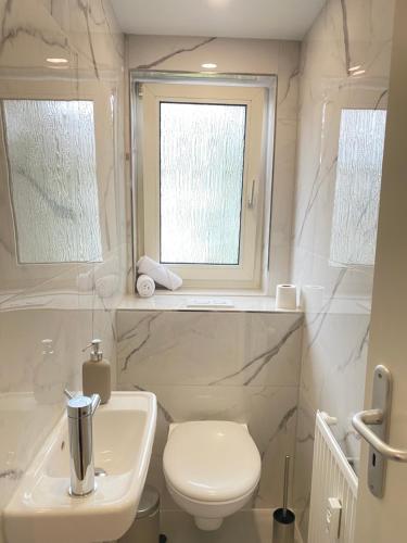 a bathroom with a toilet and a sink and a window at Lux Apartment near Frankfurt! in Mörfelden-Walldorf
