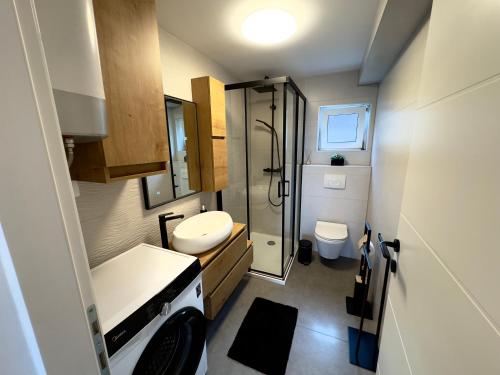 a small bathroom with a shower and a toilet at Apartman Meld in Vrh