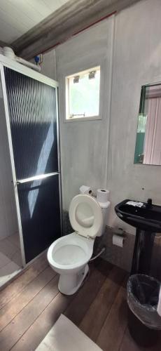 a bathroom with a white toilet and a shower at Pousada de Containers in Alter do Chao