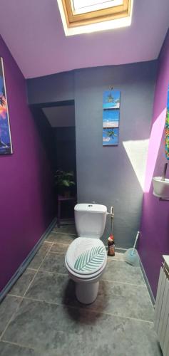 une salle de bains pourpre avec toilettes et lavabo. dans l'établissement Appartement idéal au calme !, à Hadol