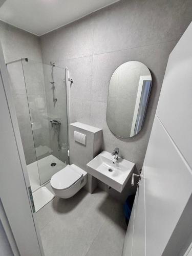 a bathroom with a toilet and a sink and a mirror at Rooms & Pansion Odmor in Rovanjska
