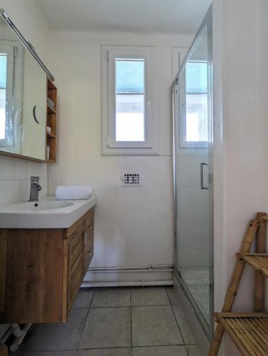 une salle de bain avec un lavabo et une douche avec une fenêtre dans l'établissement Le Nid de près d'arènes, à Montpellier
