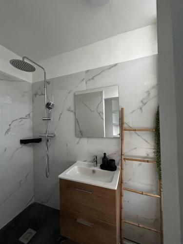 a bathroom with a sink and a mirror at Confort et proximité à Pointe-à-Pitre, logement spacieux pour 4-6 personnes in Pointe-à-Pitre
