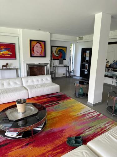 - un salon avec un canapé blanc et un tapis coloré dans l'établissement Villa Belle Isnarde, à La Celle-sous-Gouzon