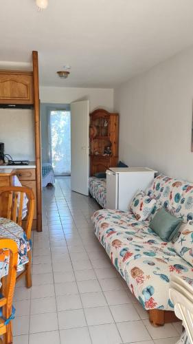 un salon avec un canapé et une cuisine dans l'établissement T2 lumineux plage et piscine, à Frontignan