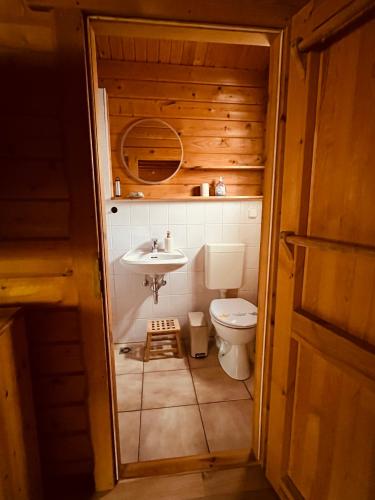a small bathroom with a toilet and a sink at Hüttenzauber in Lubmin