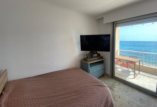 een slaapkamer met een bed en uitzicht op de oceaan bij Appartement pieds dans l eau in Ajaccio