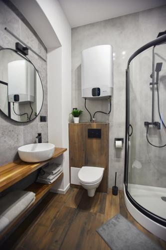 a bathroom with a toilet and a sink and a shower at Apartament Miła 2 Lądek-Zdrój in Lądek-Zdrój