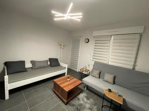 un salon avec un canapé et un ventilateur de plafond dans l'établissement Studio Rénové avec parking et balcon, à Fegersheim