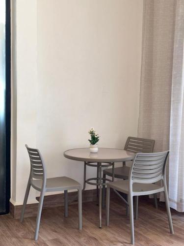 a table and chairs with a potted plant on it at Zaya Residency in Kampala