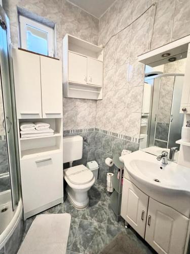 a bathroom with a toilet and a sink at Pansion Ivana studios in Baška Voda
