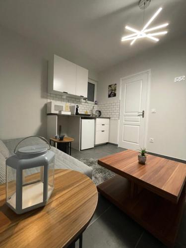 un salon avec une table et une cuisine dans l'établissement Studio Rénové avec parking et balcon, à Fegersheim