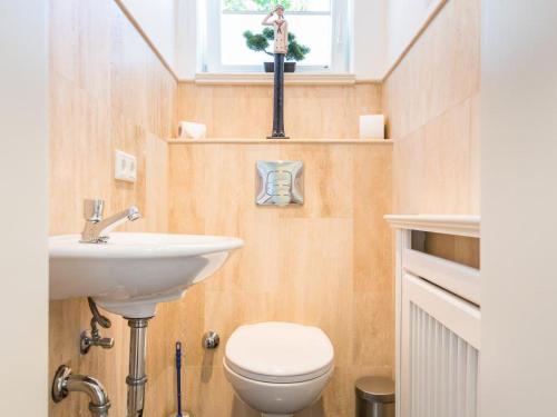 a small bathroom with a toilet and a sink at Ostertresker 78, DHH in Tinnum