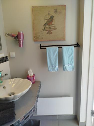 a bathroom with a sink and a counter with towels at Apartment Lena 