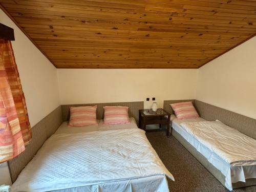 two beds in a room with a wooden ceiling at Pension Burger in Harrachov