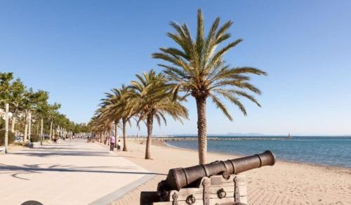 a cannon sitting on a beach with palm trees at Villa vacances in Les Cluses