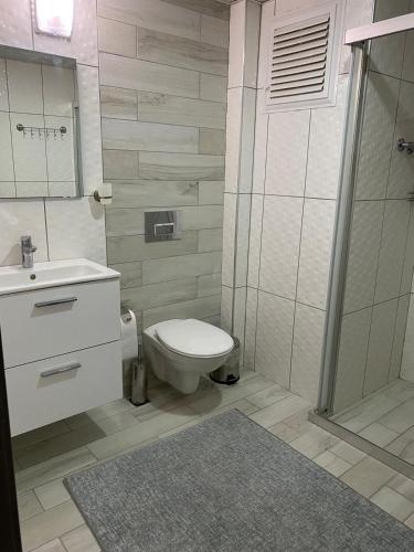 a bathroom with a toilet and a sink and a shower at Atlas Apart Demre in Zumrutkaya