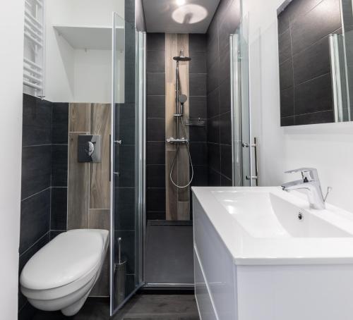 une salle de bain avec toilettes, lavabo et douche dans l'établissement L'Evolution, 2 suites et jardin, à Vesoul