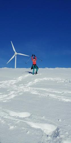 a person on skis in front of a wind turbine at Ferienhaus Villa Zauberblick am Rennsteig Frankenwald in Ludwigsstadt