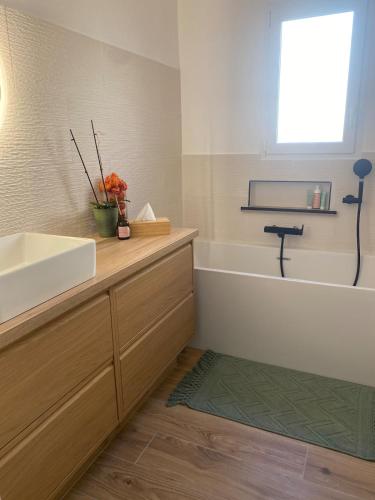 une salle de bain avec un lavabo et une baignoire dans l'établissement Home, à Pélissanne