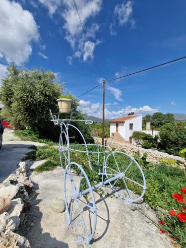 a statue of a bike with a planter on it at Iliana's Bungalow in Arménoi