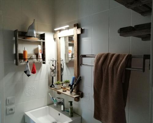 La salle de bains est pourvue d'un lavabo, d'un miroir et d'une serviette. dans l'établissement Les Lavandes Pornichet, à Pornichet