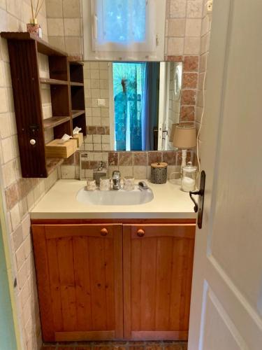 une salle de bain avec un lavabo et un miroir dans l'établissement Chalet plein de charme au calme près de st tropez, à Gassin