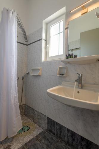 a bathroom with a sink and a shower with a mirror at Agnanti View Hotel in Pachaina