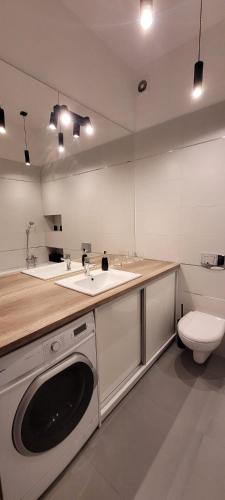 a bathroom with a sink and a washing machine in it at Apartament Magnolia in Nysa