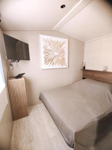 une chambre avec un lit et une télévision à écran plat dans l'établissement Petit cocon Douillet, à Fos-sur-Mer