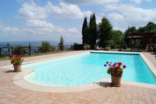 a swimming pool with two potted plants and flowers at Il Borghetto di Carra in Talla