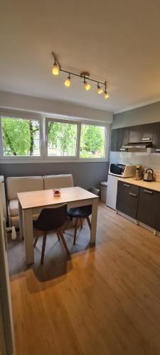 un salon avec une table et une cuisine dans l'établissement Luxe--Appart, à Chalon-sur-Saône