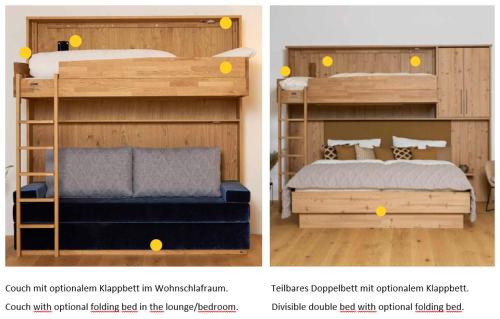 two pictures of a bedroom with a bunk bed at Ferienwohnungen Annelies in Tux