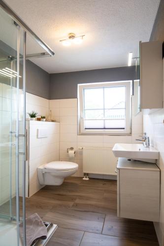 a bathroom with a toilet and a sink and a window at Ferienwohnung Schröder-Ehrke in Breege